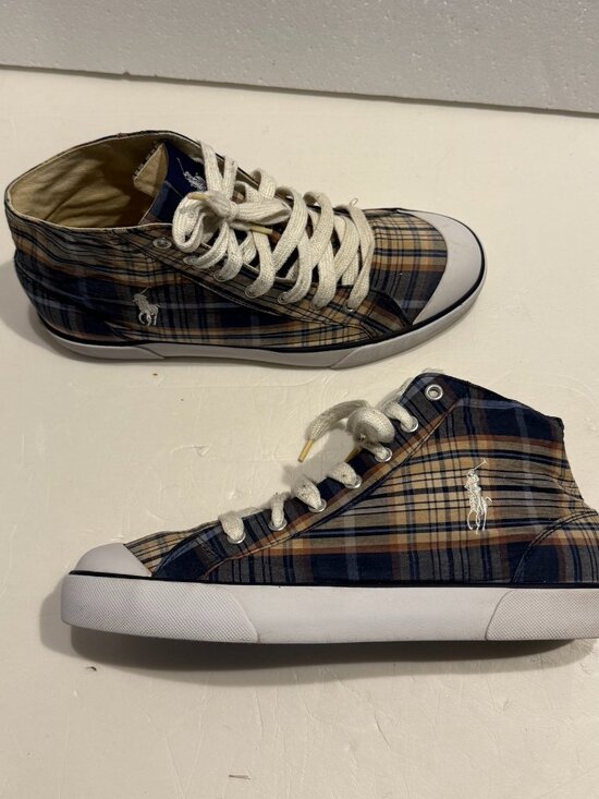 VINTAGE Polo Ralph Lauren Plaid High Top Sneakers Shoes Mens Size 10.5 Madras - Picture 1 of 13